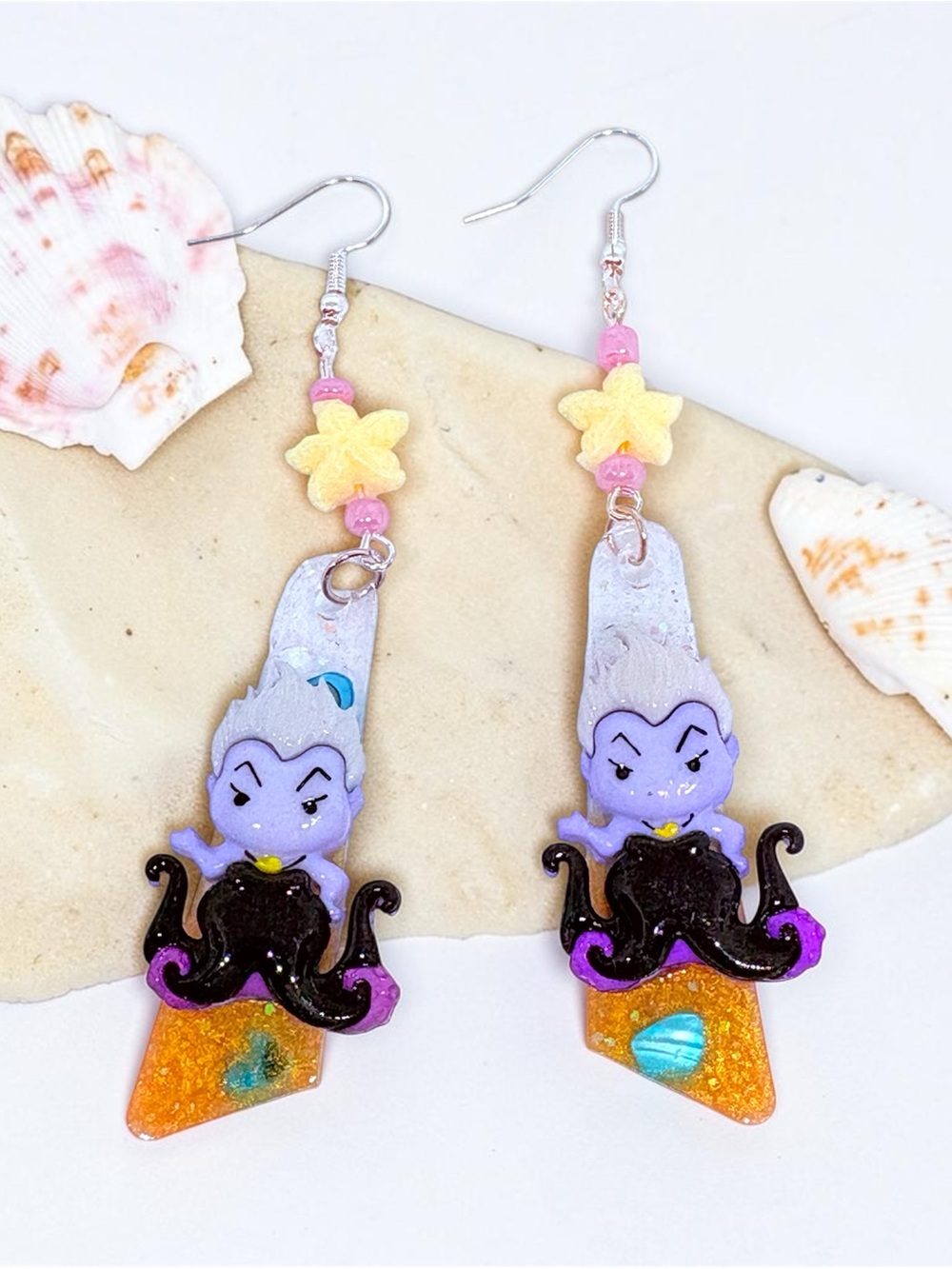 Handmade Resin Villain Ursula Inspired Dangle Earrings With Starfish Charms